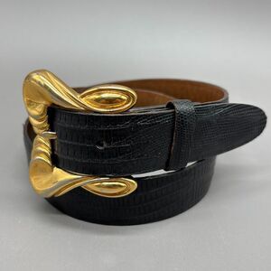 Vintage Kleinberg Sherrill Black Lizard Leather Belt Sculptural Gold Buckle 80s